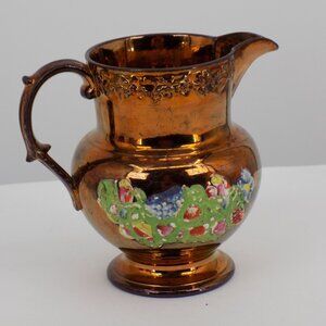 Antique Staffordshire Copper Lustreware Creamer Handpainted Relief Flowers FLAW